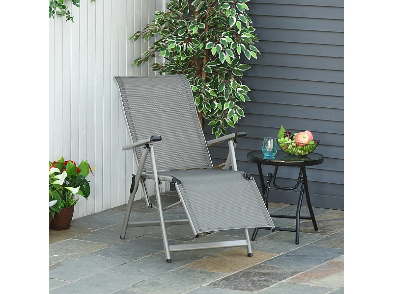 Chaise longue pliable dossier & repose-pied réglable multi-positions métal époxy textilène gris