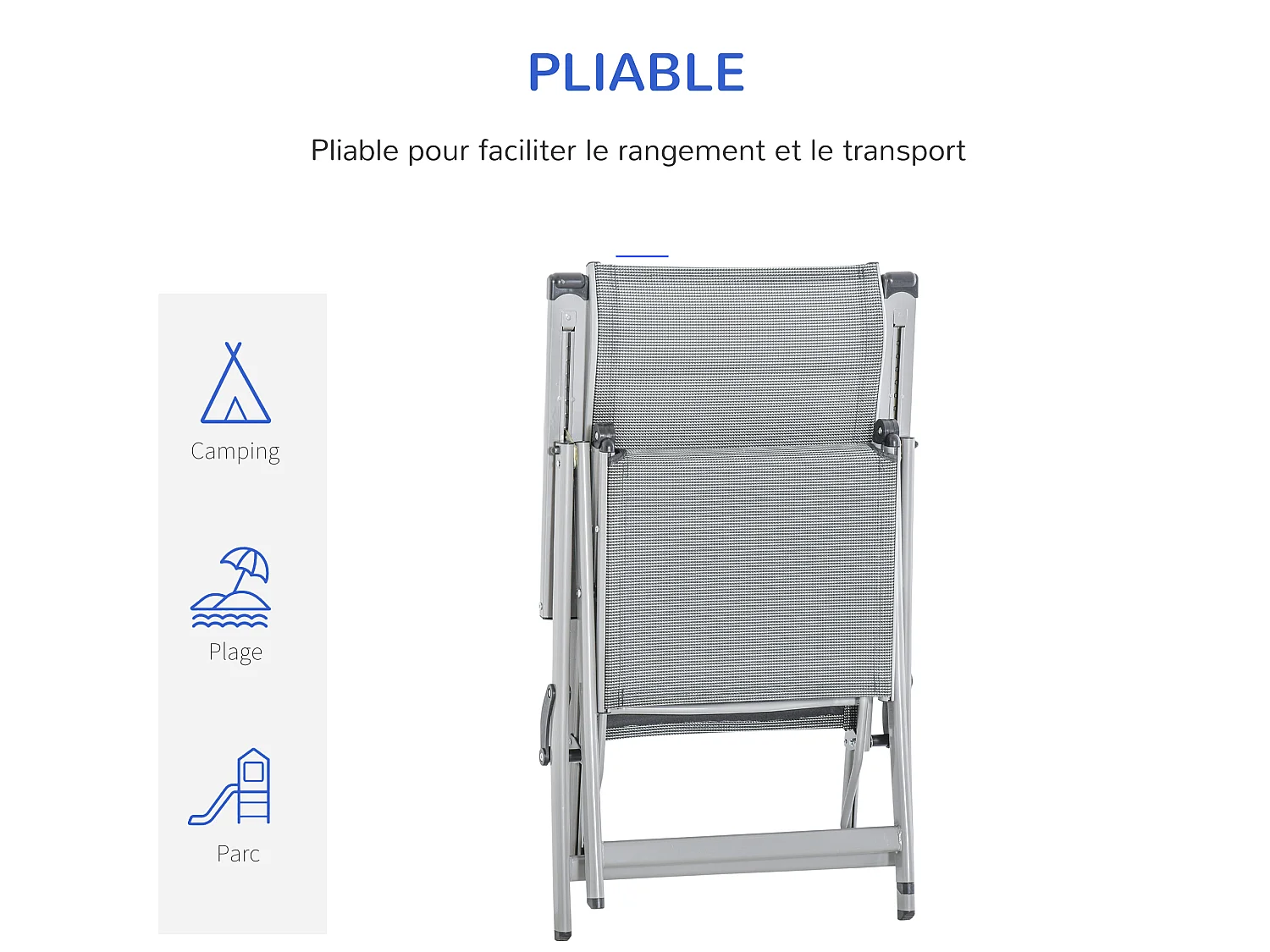 Chaise longue pliable dossier & repose-pied réglable multi-positions métal époxy textilène gris