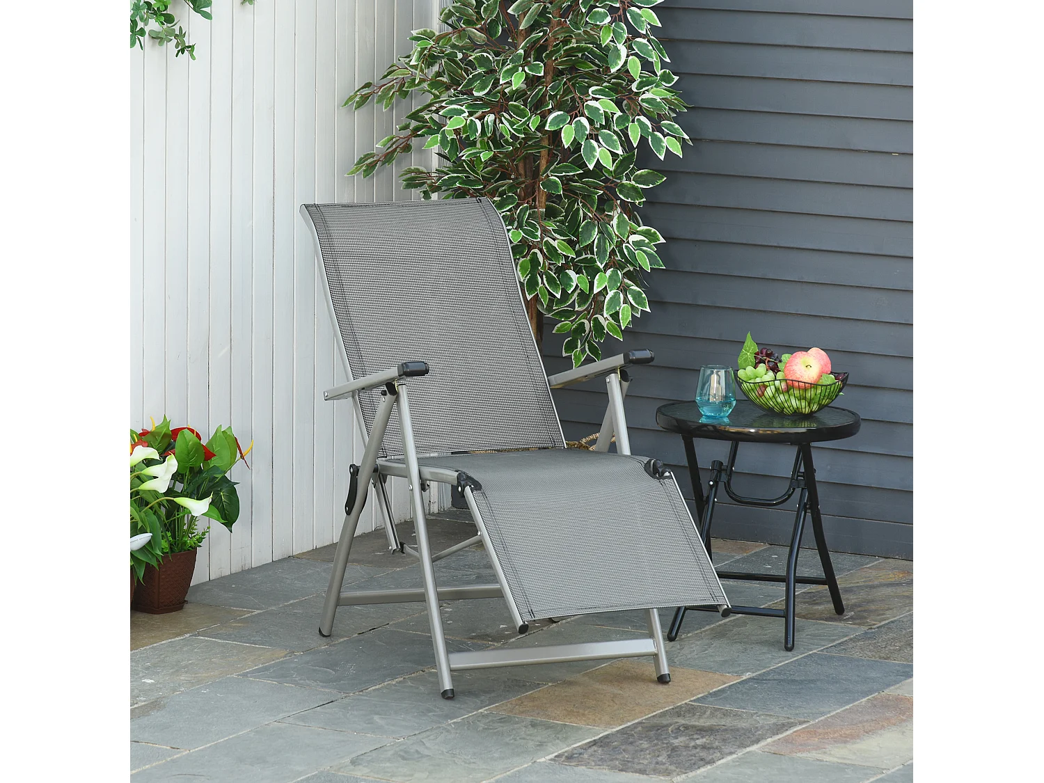 Chaise longue pliable dossier & repose-pied réglable multi-positions métal époxy textilène gris