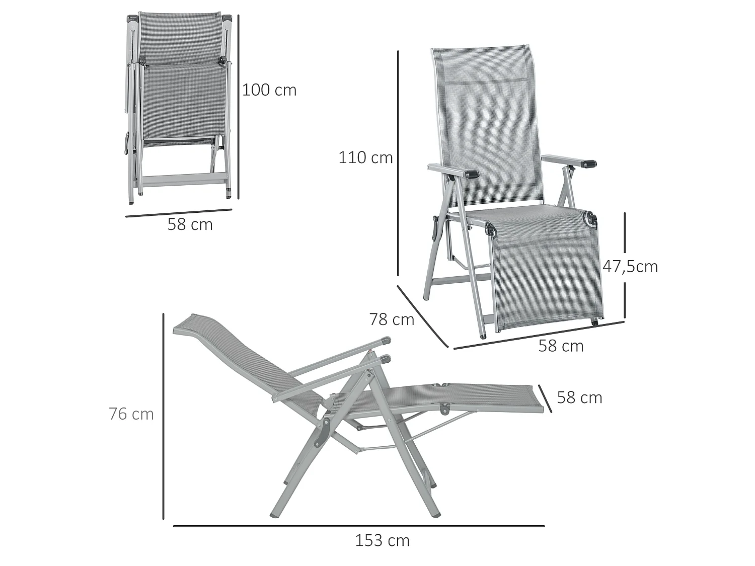 Chaise longue pliable dossier & repose-pied réglable multi-positions métal époxy textilène gris