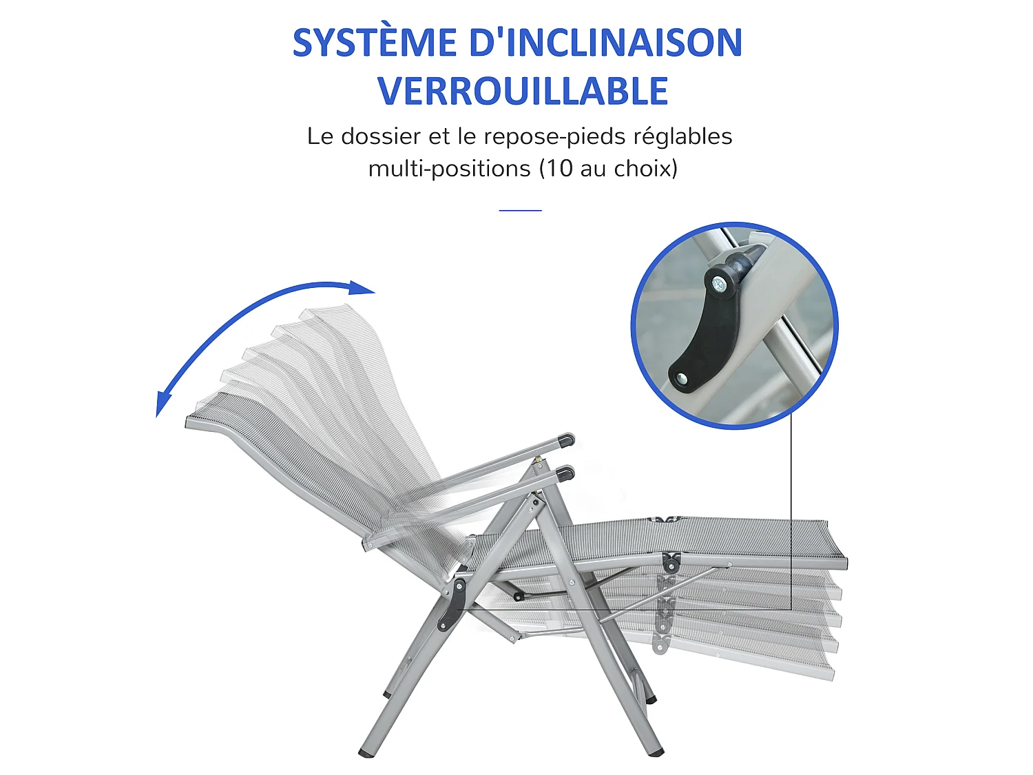 Chaise longue pliable dossier & repose-pied réglable multi-positions métal époxy textilène gris