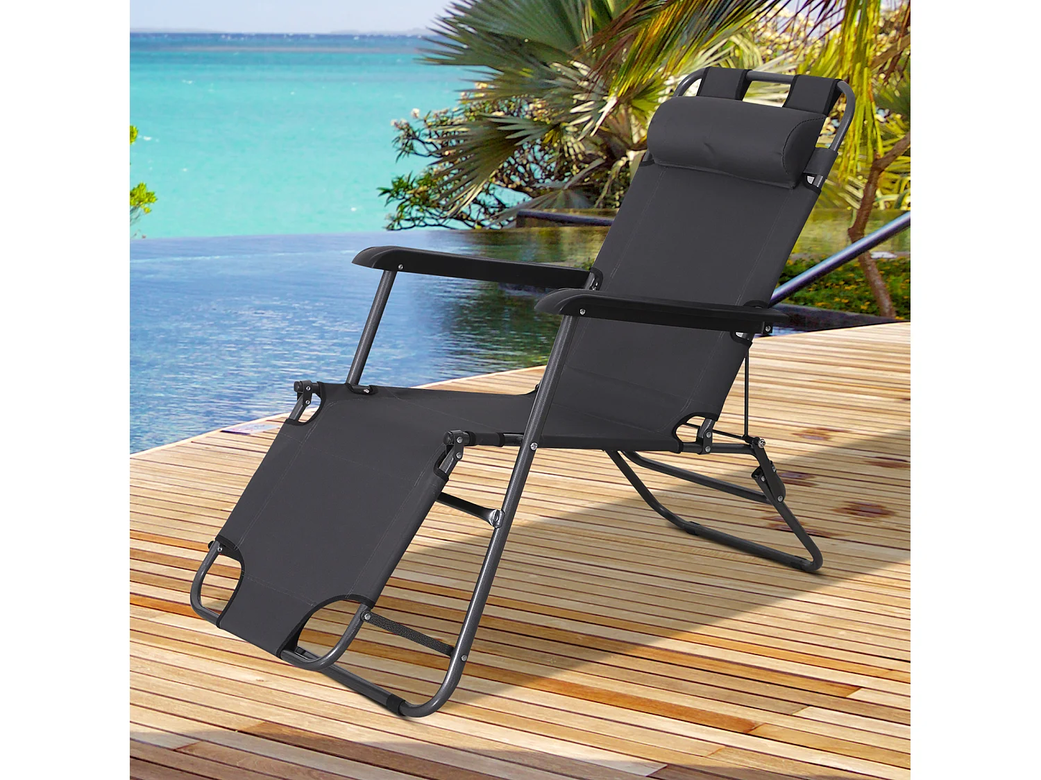Chaise longue inclinable transat bain de soleil 2 en 1 pliant têtière amovible charge max. 136 Kg toile oxford facile d'entretien gris