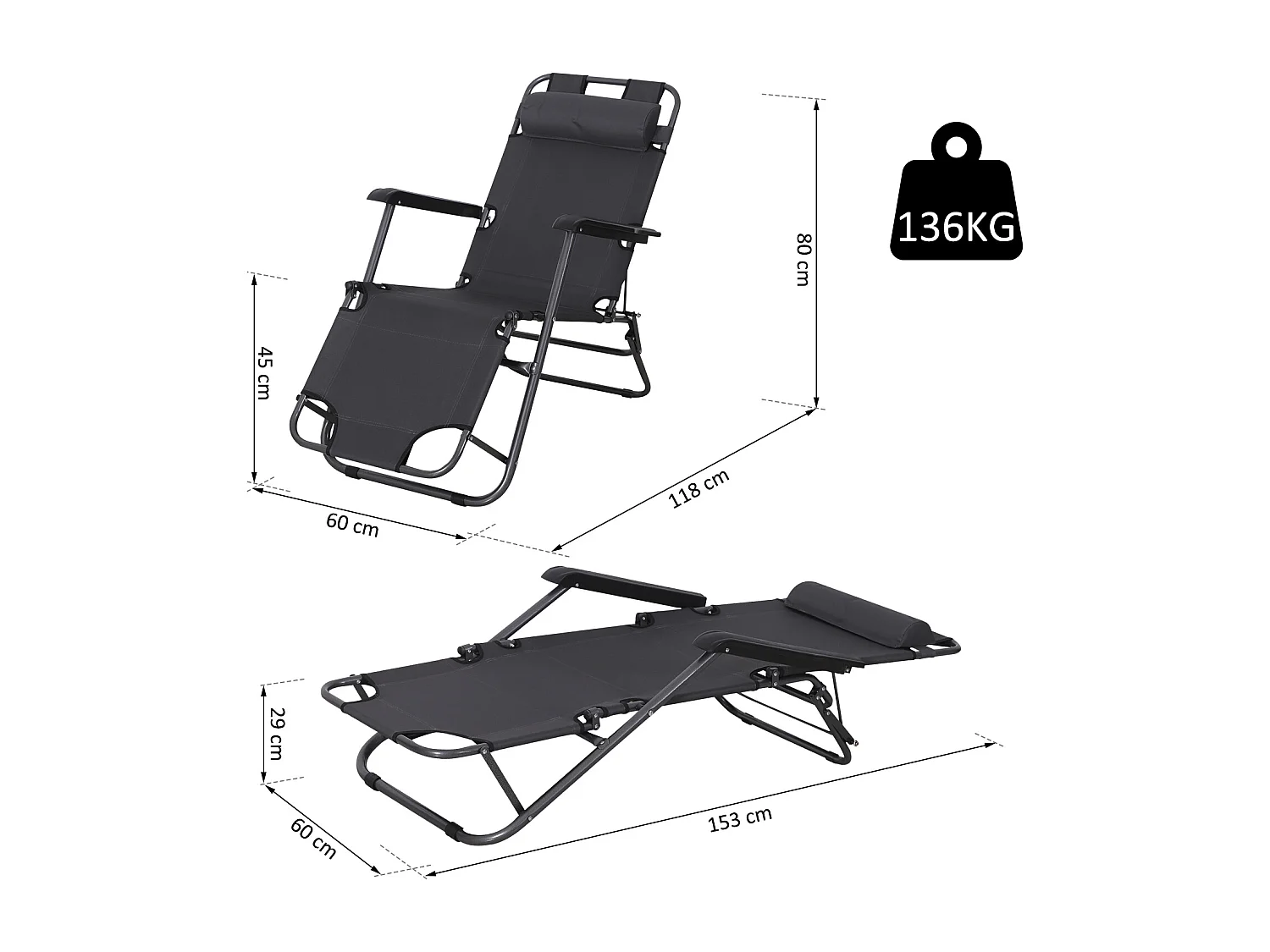 Chaise longue inclinable transat bain de soleil 2 en 1 pliant têtière amovible charge max. 136 Kg toile oxford facile d'entretien gris