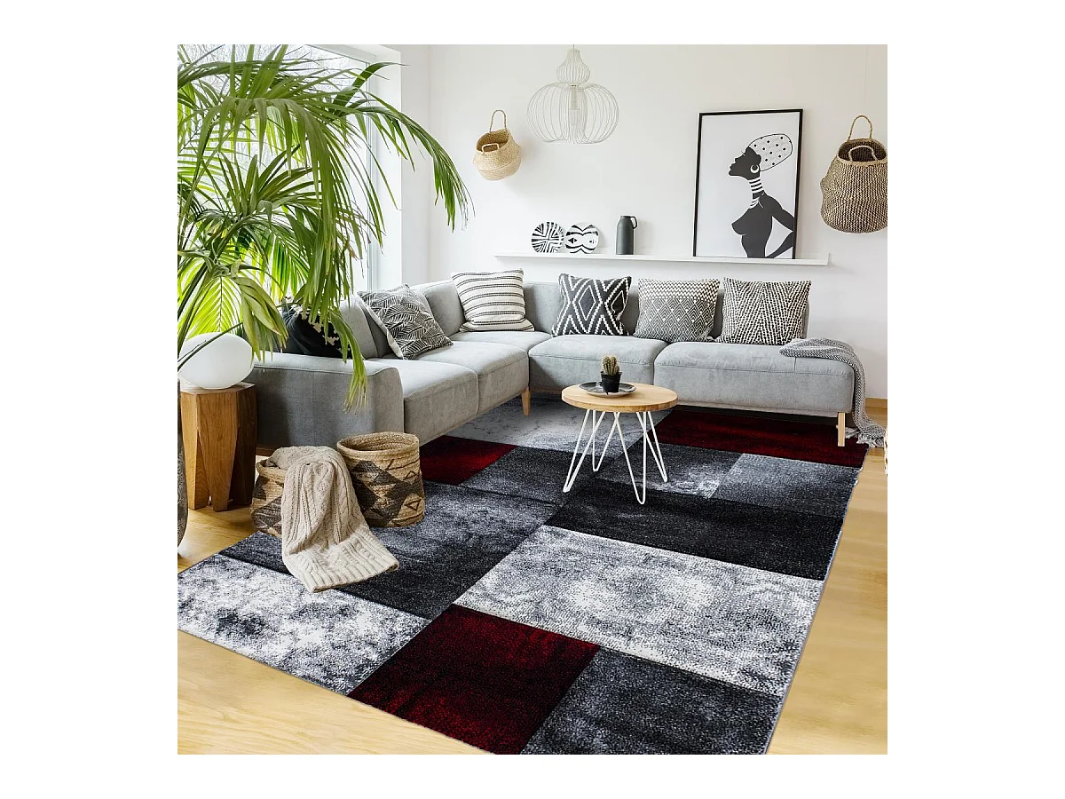 tapis entrée 80x150 tissé rouge et gris clair rectangle motif géométrique