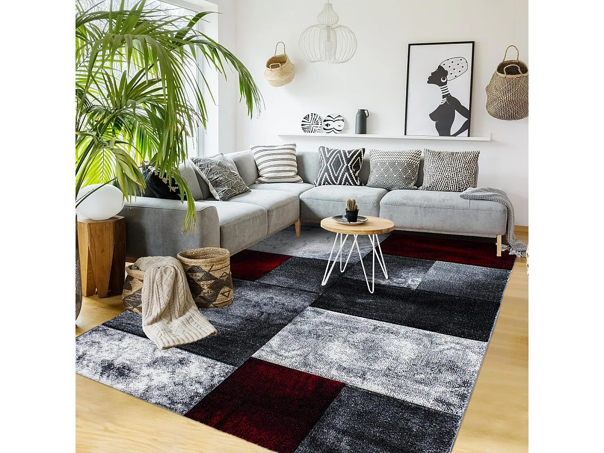 tapis entrée 80x150 tissé rouge et gris clair rectangle motif géométrique