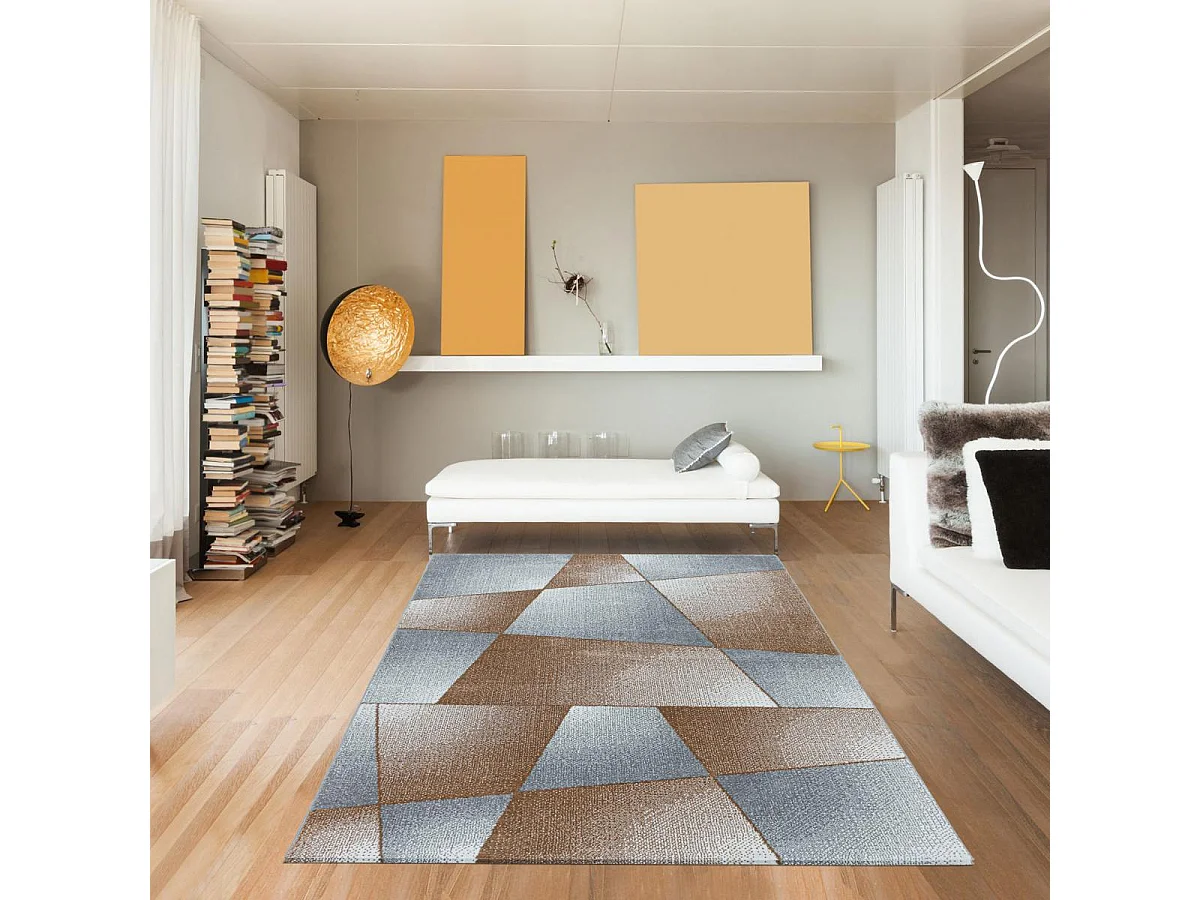 tapis chambre 120x170 tissé marron clair et bleu rectangle motif pastel BENAPA