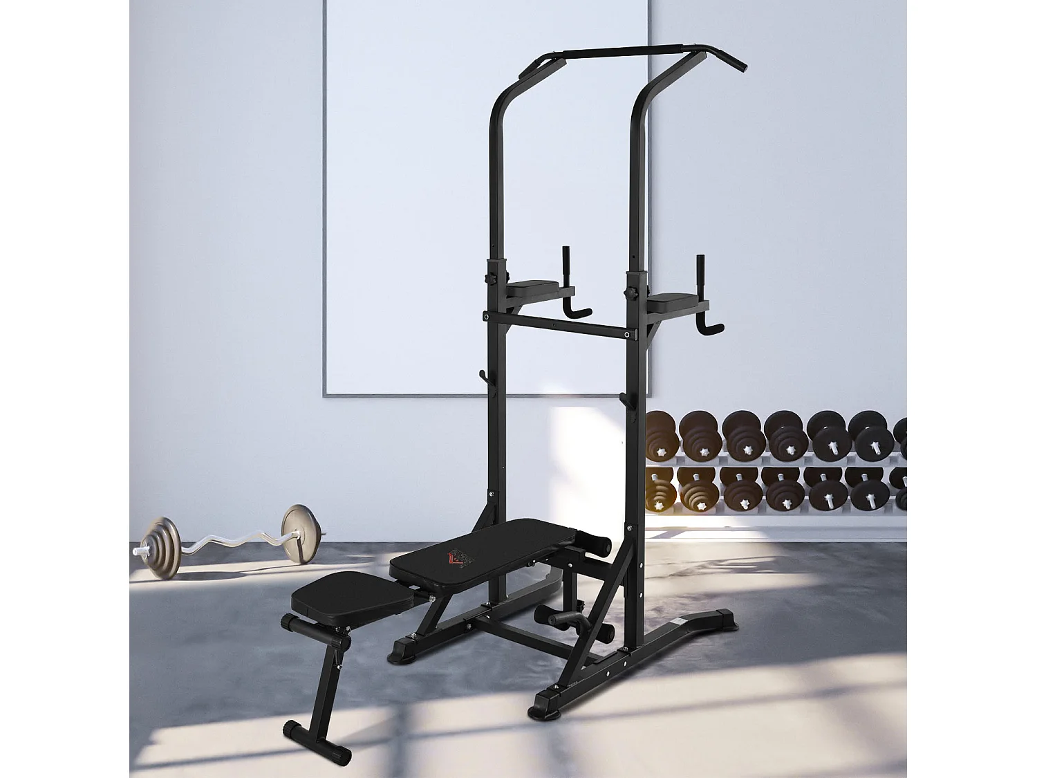 Station de musculation Fitness entrainement complet - barre de traction, à dips, banc de musculation pliable, poignées push-up  - acier noir
