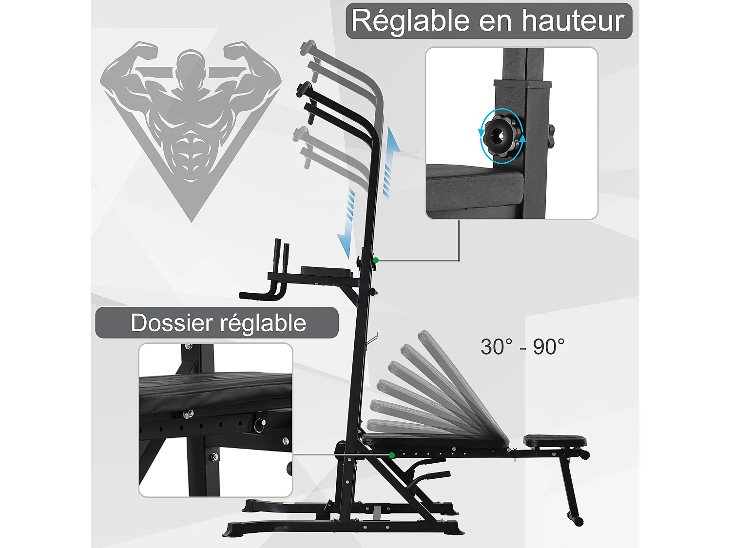 Station de musculation Fitness entrainement complet - barre de traction, à dips, banc de musculation pliable, poignées push-up  - acier noir