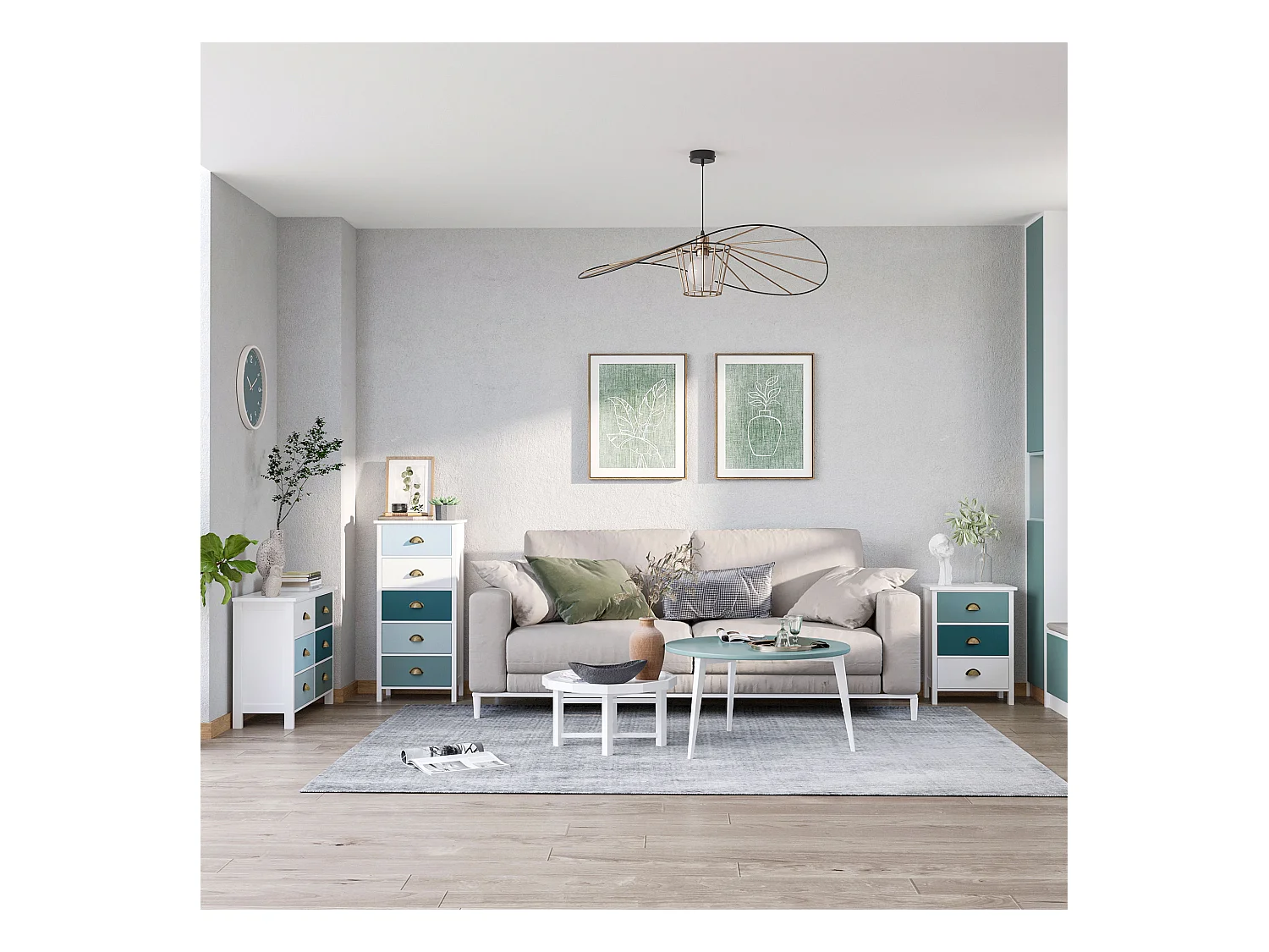 Chevet table de nuit 3 tiroirs style néo-rétro dim. 45L x 30l x 61H cm poignées coquilles MDF blanc bleu gris