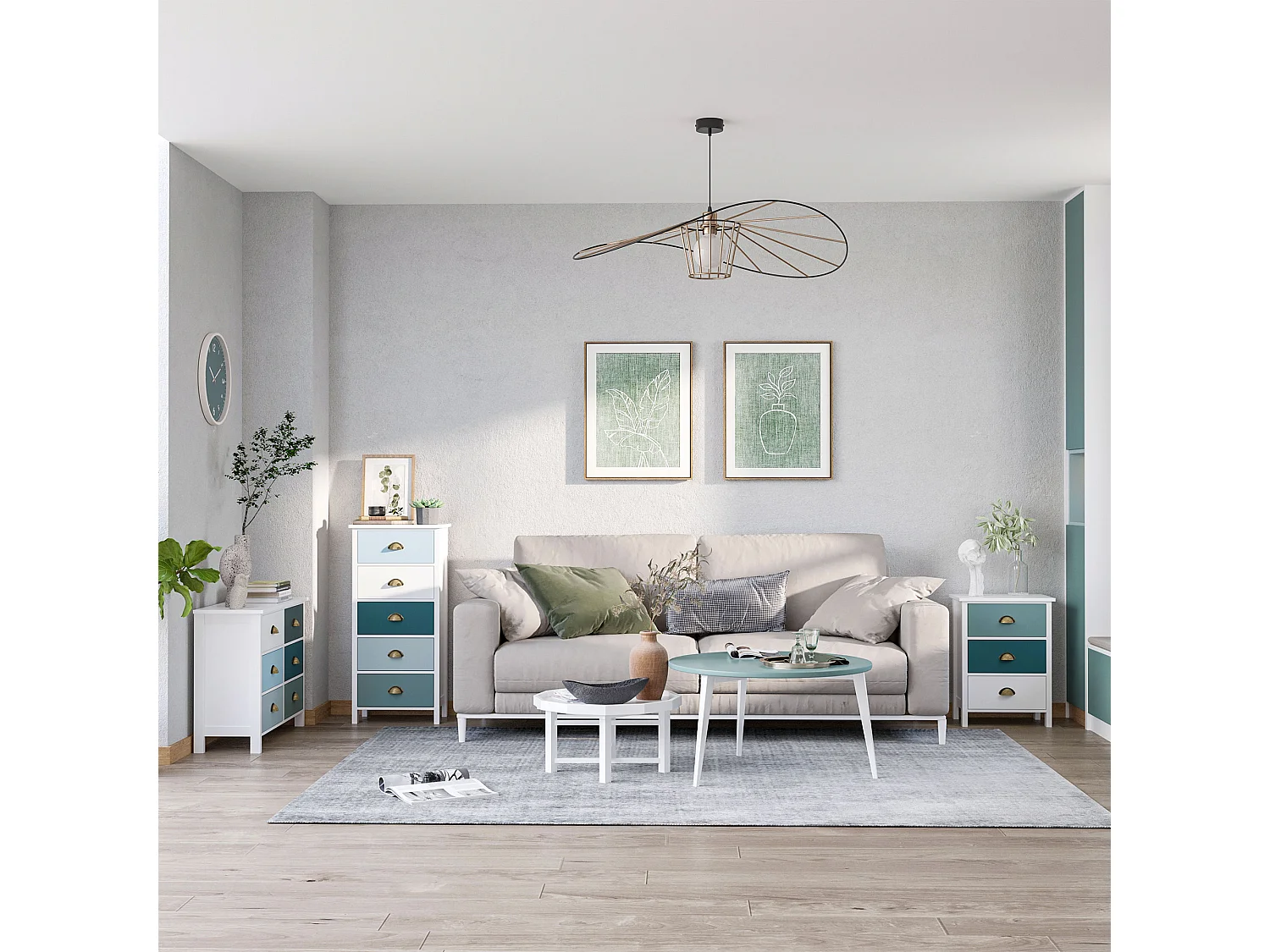 Chevet table de nuit 3 tiroirs style néo-rétro dim. 45L x 30l x 61H cm poignées coquilles MDF blanc bleu gris