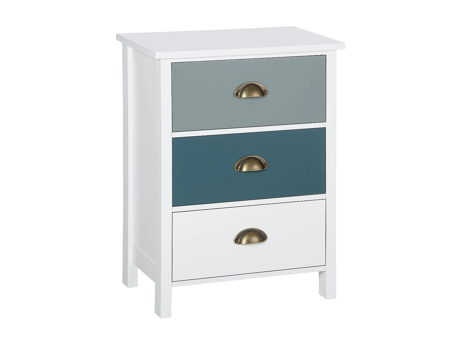 Chevet table de nuit 3 tiroirs style néo-rétro dim. 45L x 30l x 61H cm poignées coquilles MDF blanc bleu gris