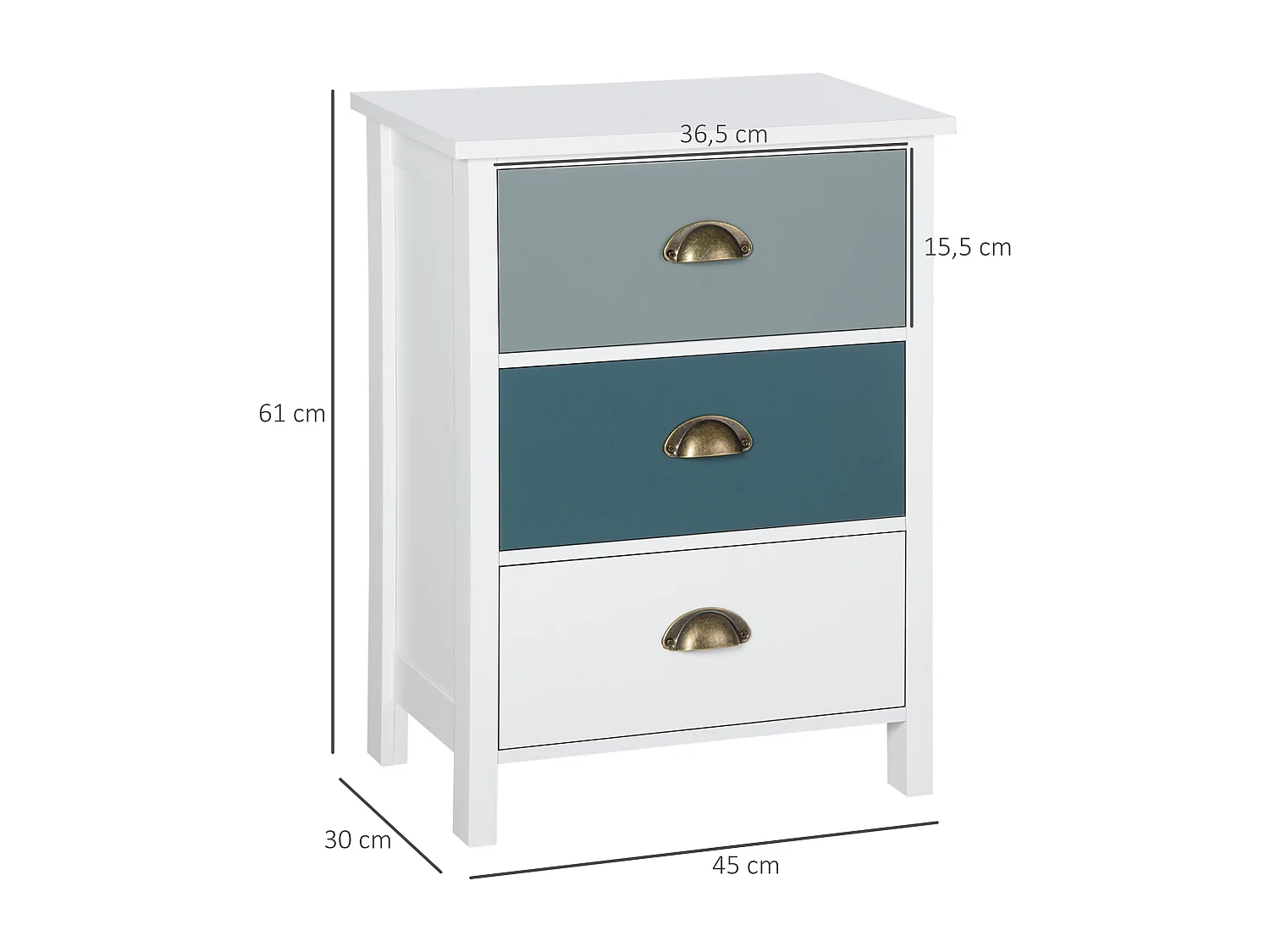 Chevet table de nuit 3 tiroirs style néo-rétro dim. 45L x 30l x 61H cm poignées coquilles MDF blanc bleu gris
