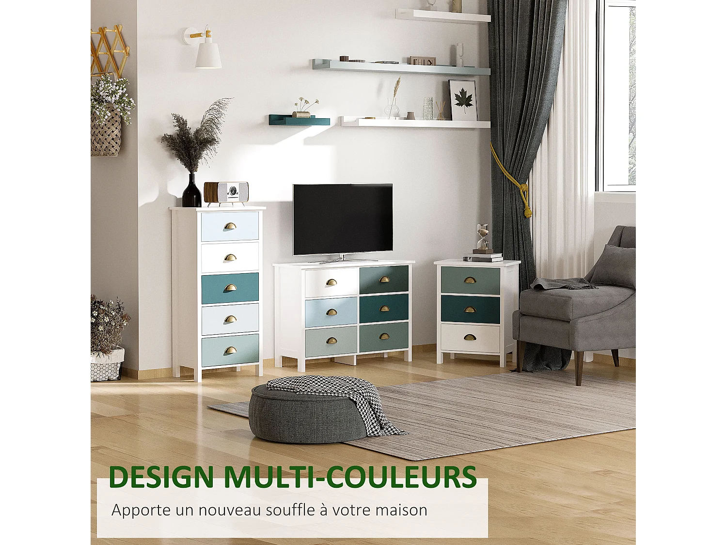 Chevet table de nuit 3 tiroirs style néo-rétro dim. 45L x 30l x 61H cm poignées coquilles MDF blanc bleu gris