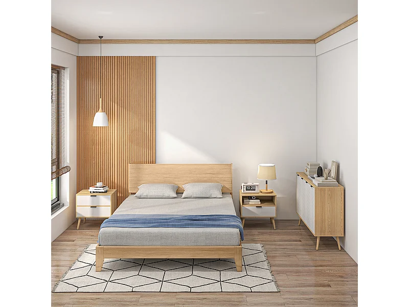 Chevet table de nuit design scandinave tiroir + niche bois pin panneaux particules motif chevrons blanc aspect chêne clair