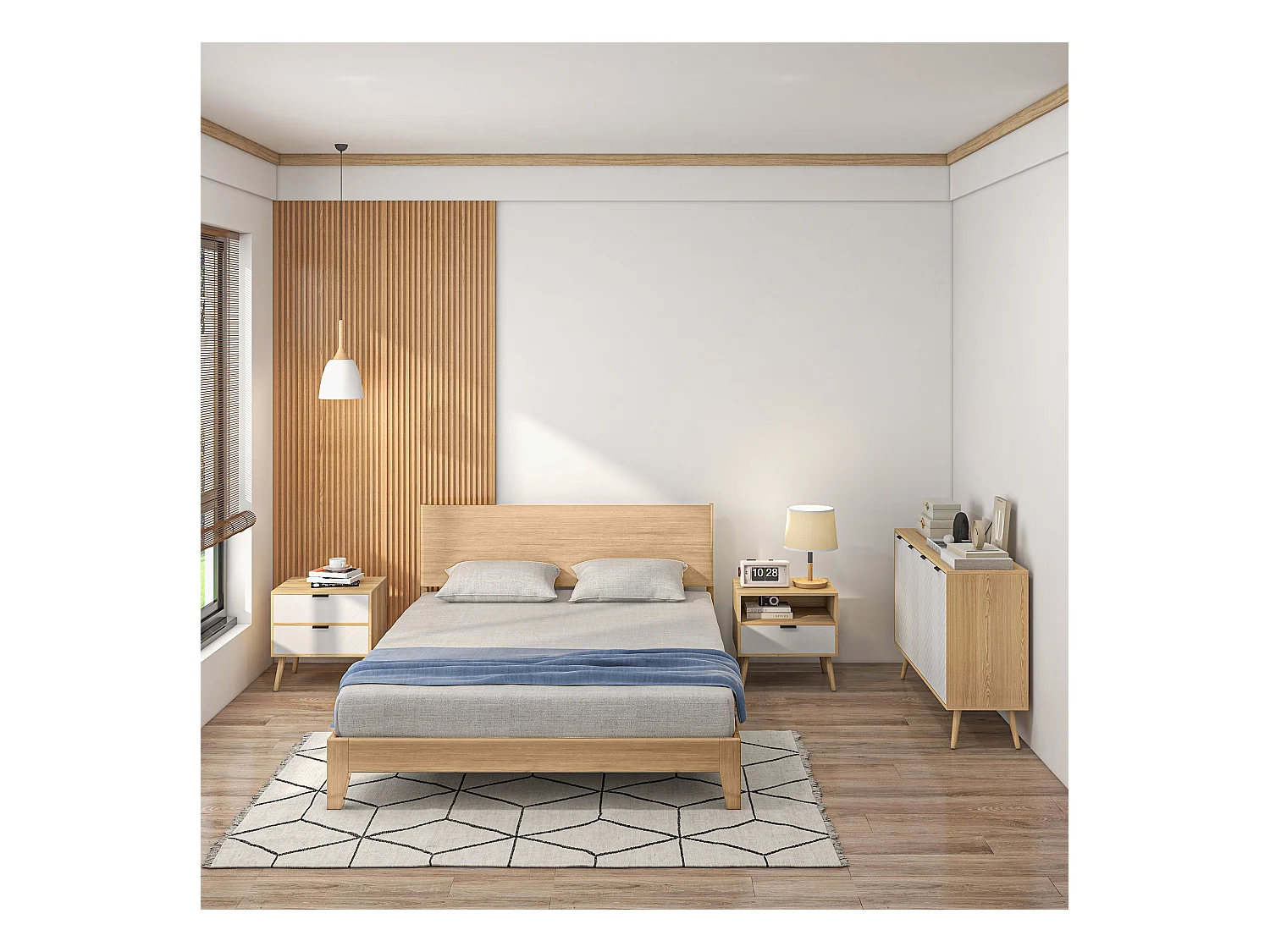 Chevet table de nuit design scandinave tiroir + niche bois pin panneaux particules motif chevrons blanc aspect chêne clair