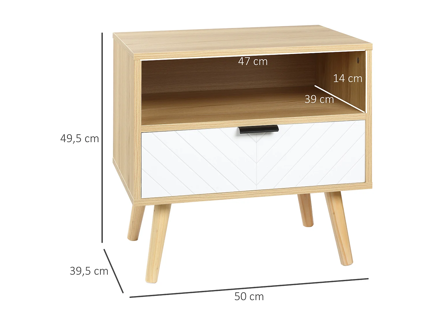 Chevet table de nuit design scandinave tiroir + niche bois pin panneaux particules motif chevrons blanc aspect chêne clair