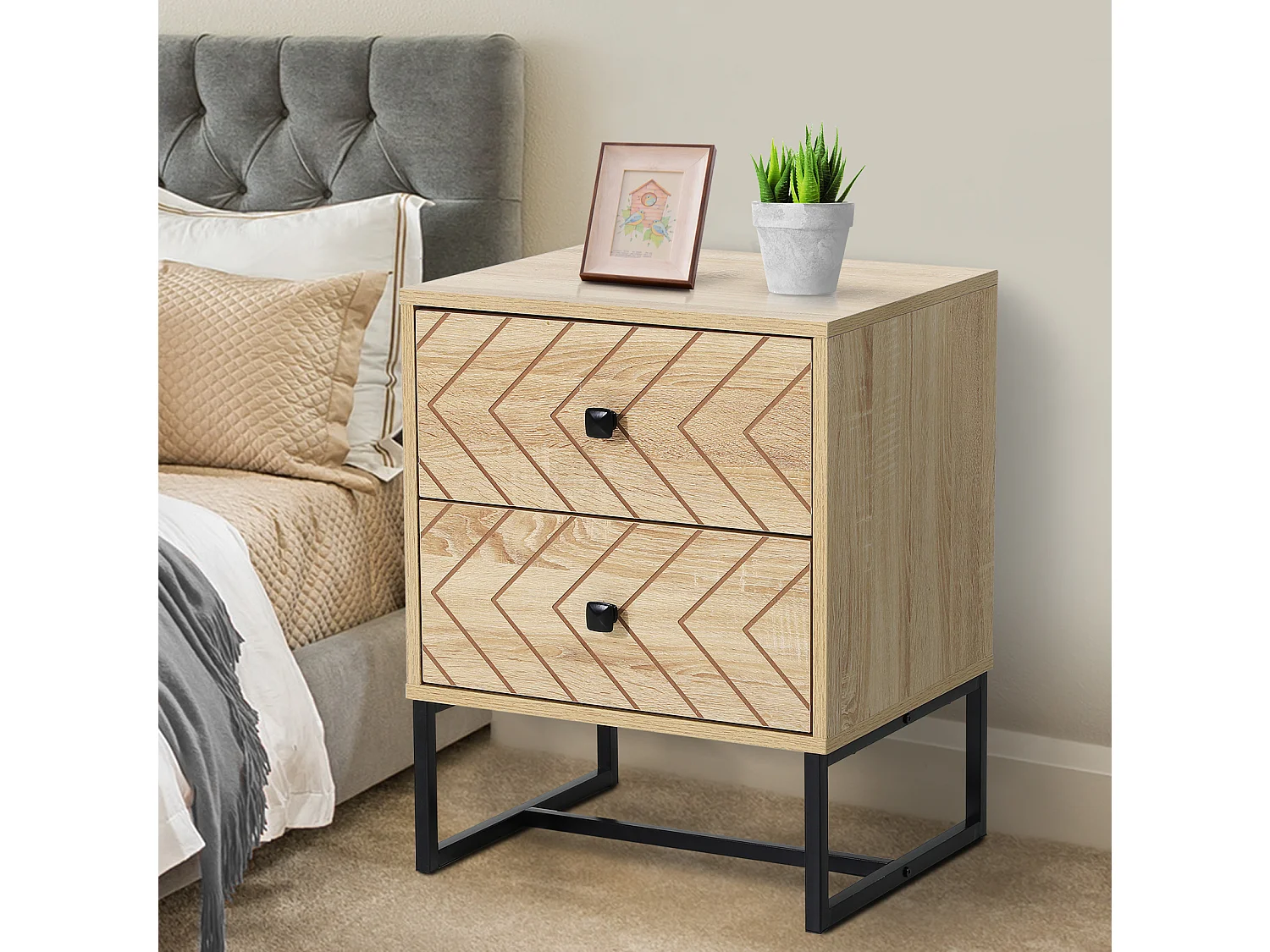 Table de chevet table de nuit style graphique 48L x 39,5l x 60H cm 2 tiroirs métal noir panneaux particules MDF imitation bois clair