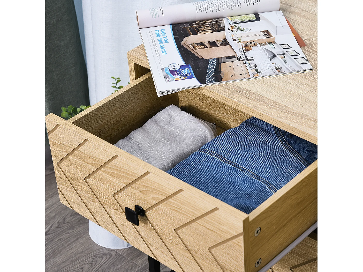 Table de chevet table de nuit style graphique 48L x 39,5l x 60H cm 2 tiroirs métal noir panneaux particules MDF imitation bois clair