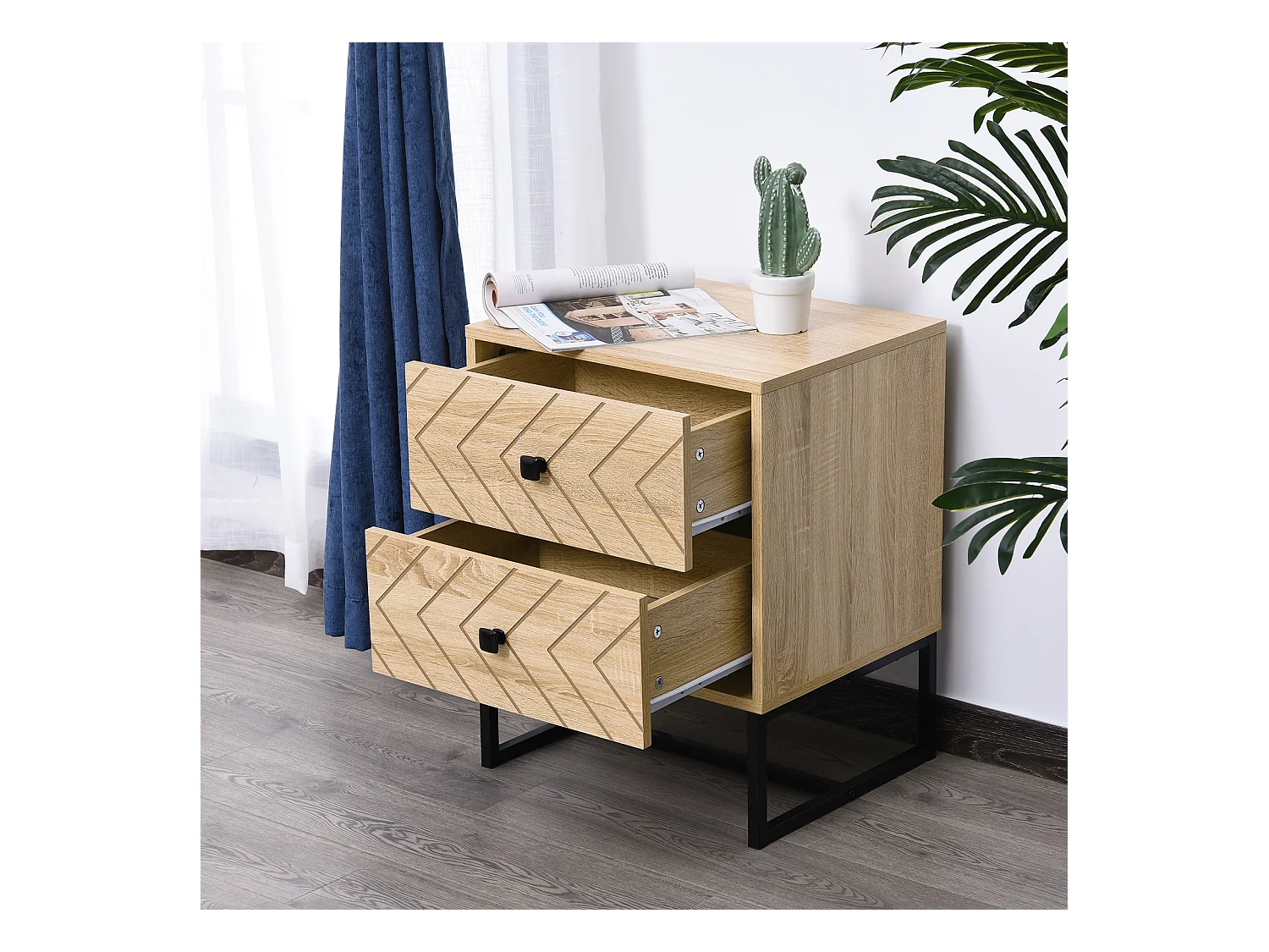 Table de chevet table de nuit style graphique 48L x 39,5l x 60H cm 2 tiroirs métal noir panneaux particules MDF imitation bois clair