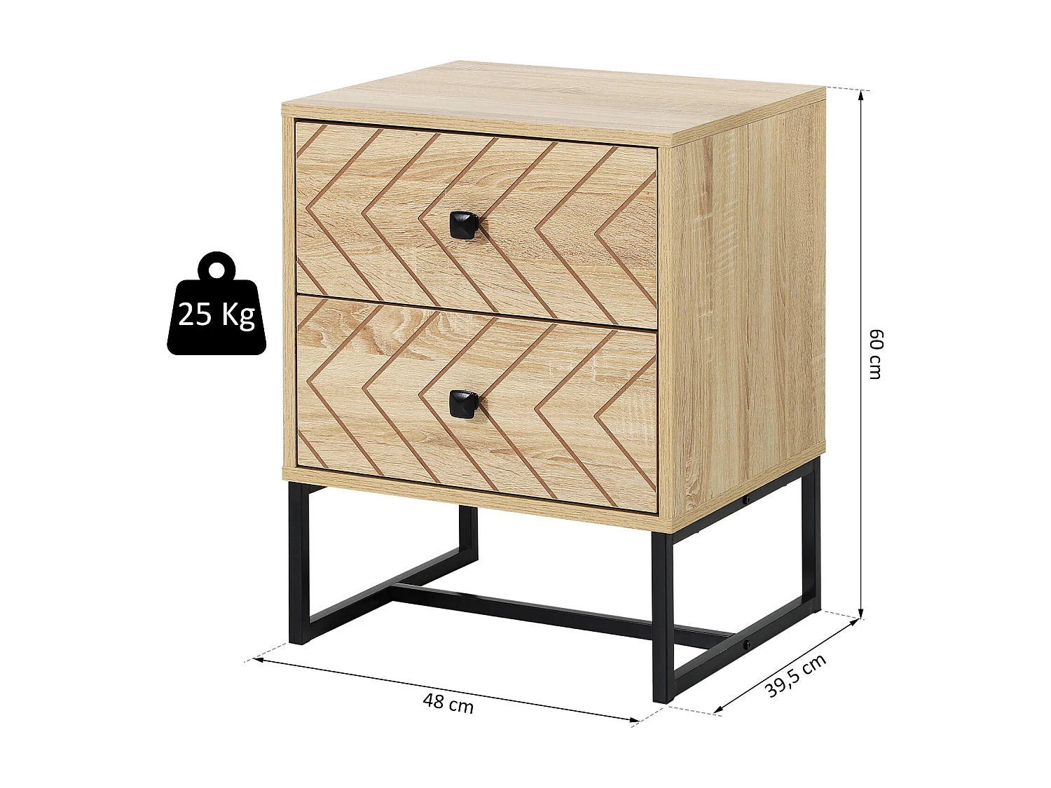 Table de chevet table de nuit style graphique 48L x 39,5l x 60H cm 2 tiroirs métal noir panneaux particules MDF imitation bois clair