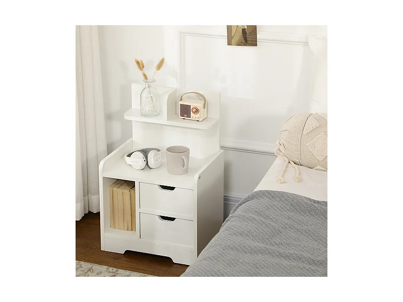 Chevet table de nuit multi-rangement 2 tiroirs niche étagère plateau panneaux particules blanc