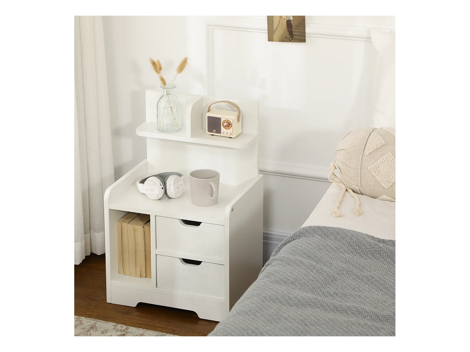 Chevet table de nuit multi-rangement 2 tiroirs niche étagère plateau panneaux particules blanc