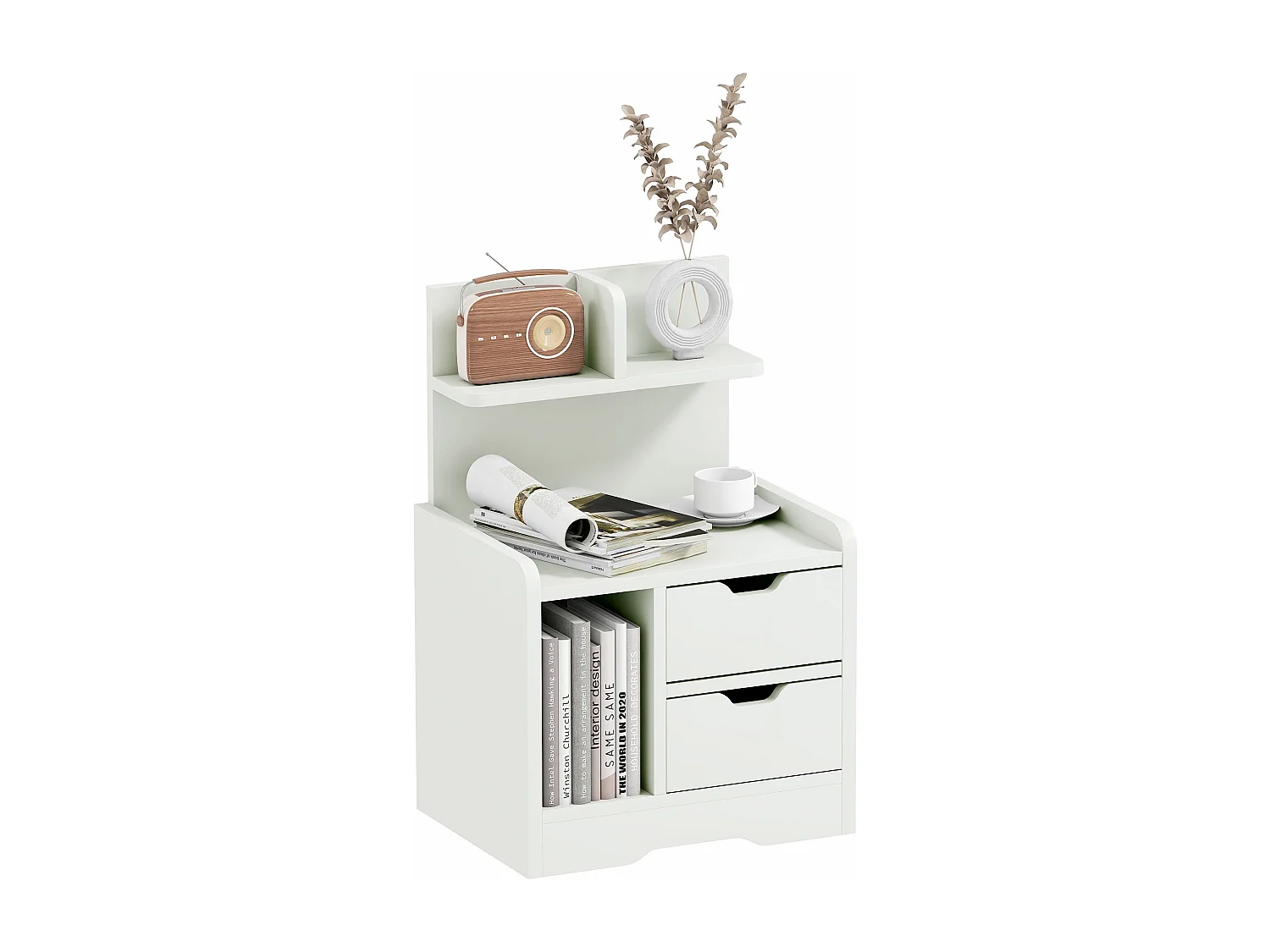 Chevet table de nuit multi-rangement 2 tiroirs niche étagère plateau panneaux particules blanc