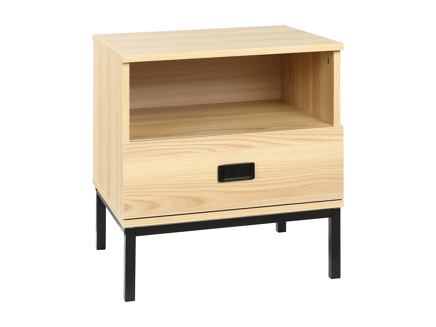 Table de chevet table de nuit style industriel tiroir niche poignée piètement métal noir panneaux particules aspect bois de chêne clair
