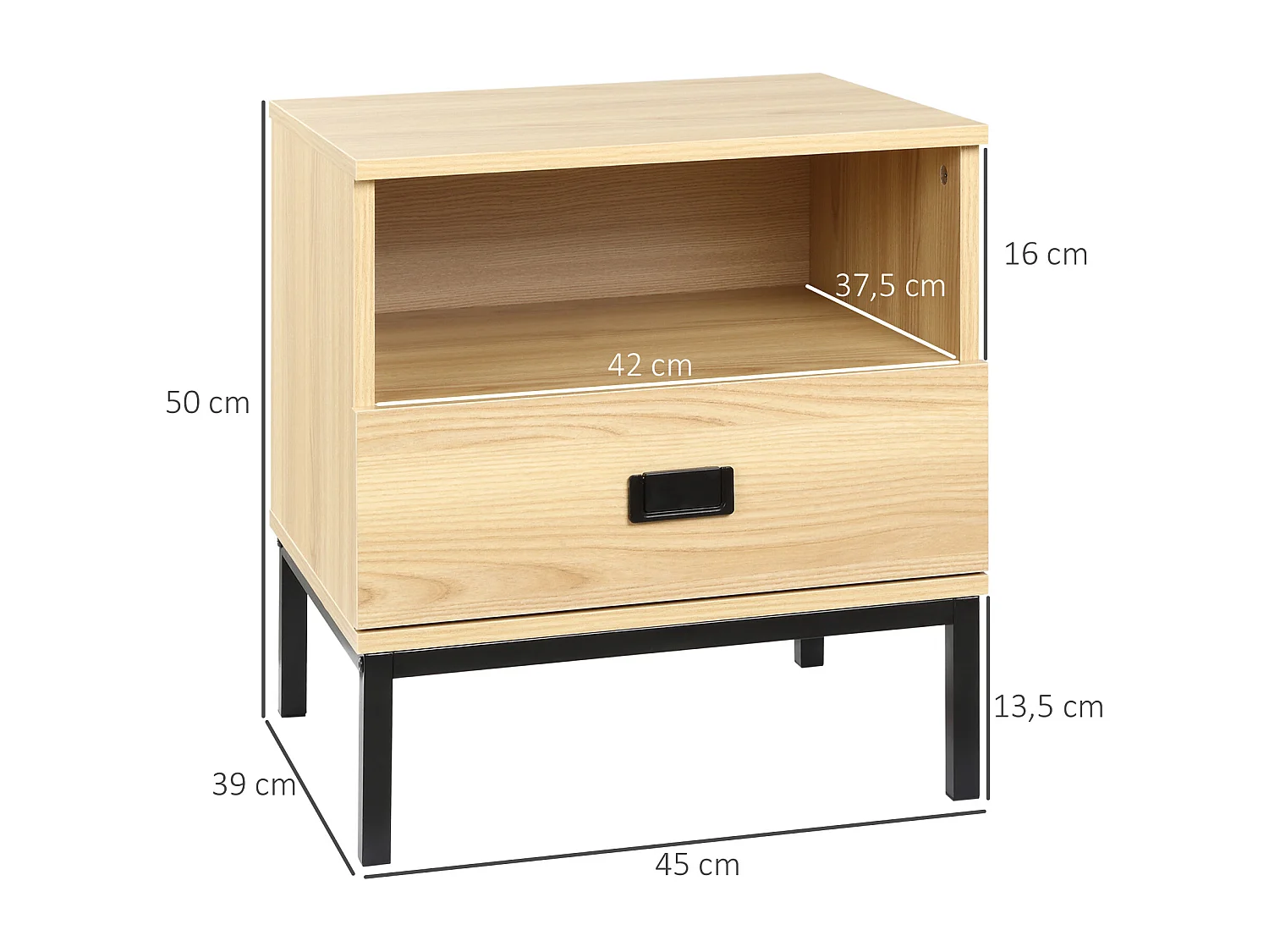 Table de chevet table de nuit style industriel tiroir niche poignée piètement métal noir panneaux particules aspect bois de chêne clair