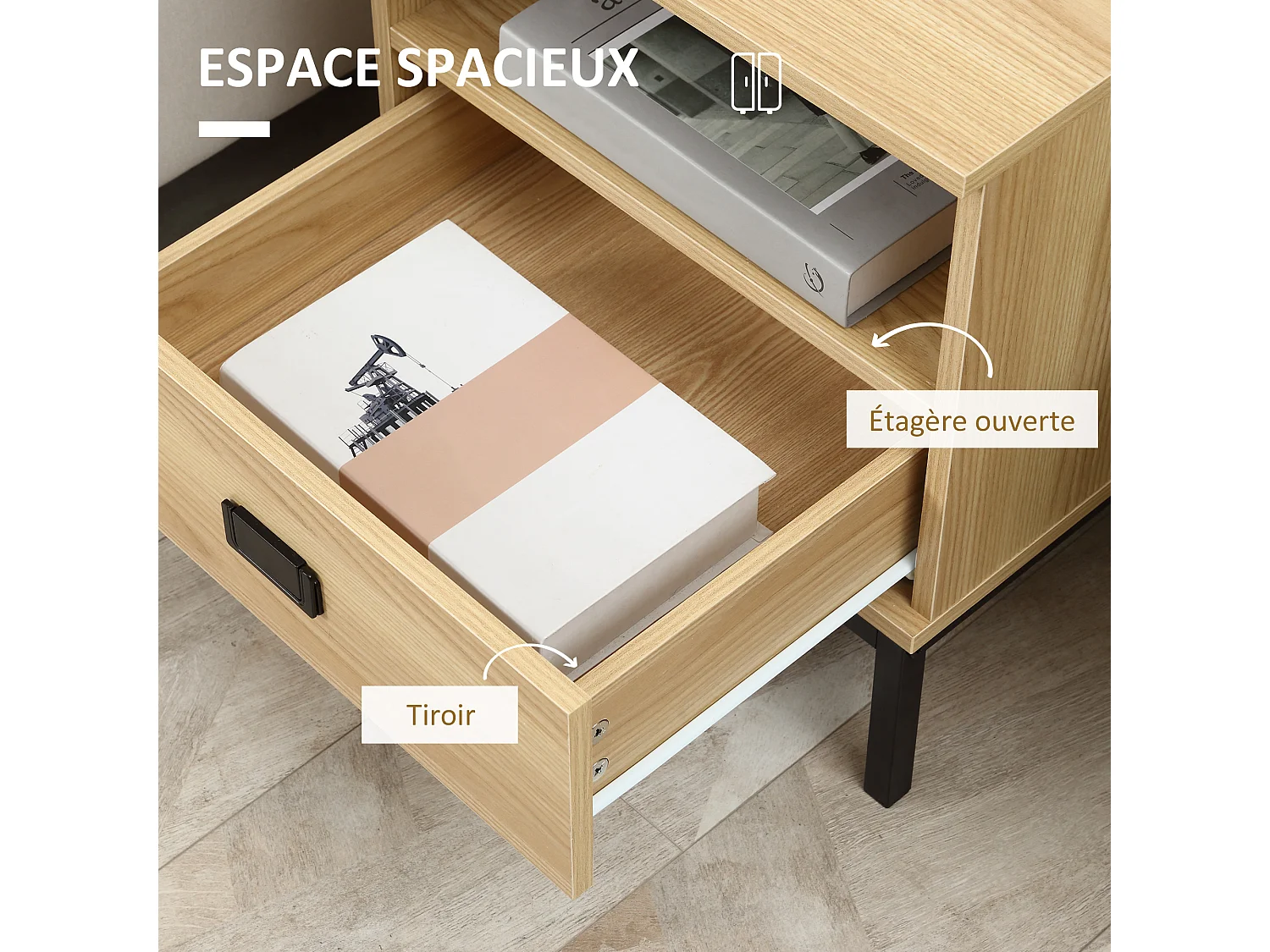 Table de chevet table de nuit style industriel tiroir niche poignée piètement métal noir panneaux particules aspect bois de chêne clair