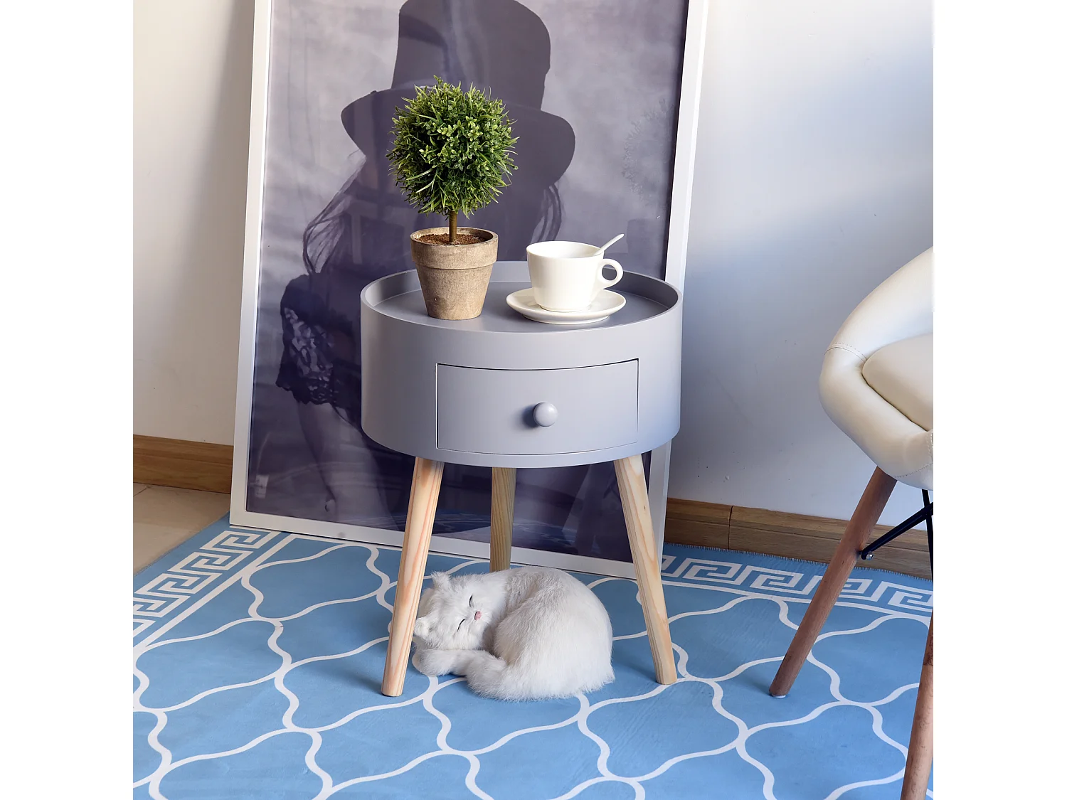 Chevet table de nuit ronde design scandinave tiroir bicolore pieds effilés inclinés bois massif chêne clair gris