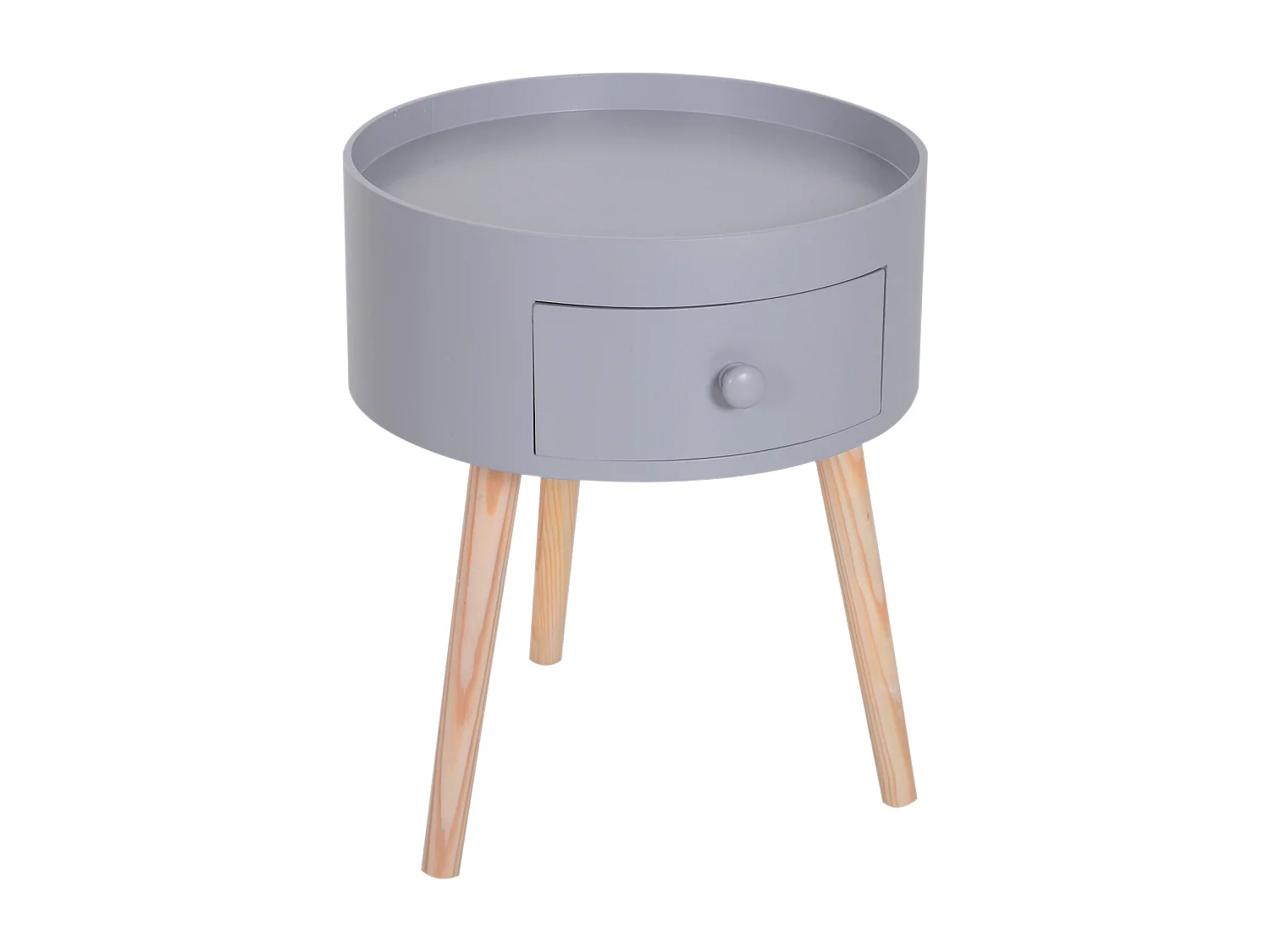 Chevet table de nuit ronde design scandinave tiroir bicolore pieds effilés inclinés bois massif chêne clair gris