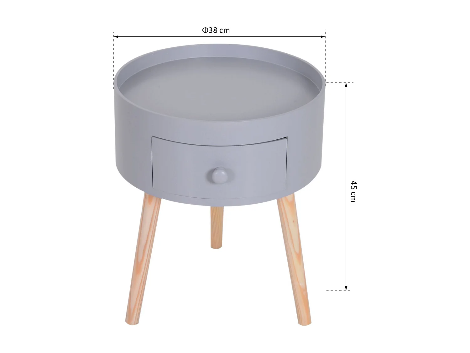 Chevet table de nuit ronde design scandinave tiroir bicolore pieds effilés inclinés bois massif chêne clair gris