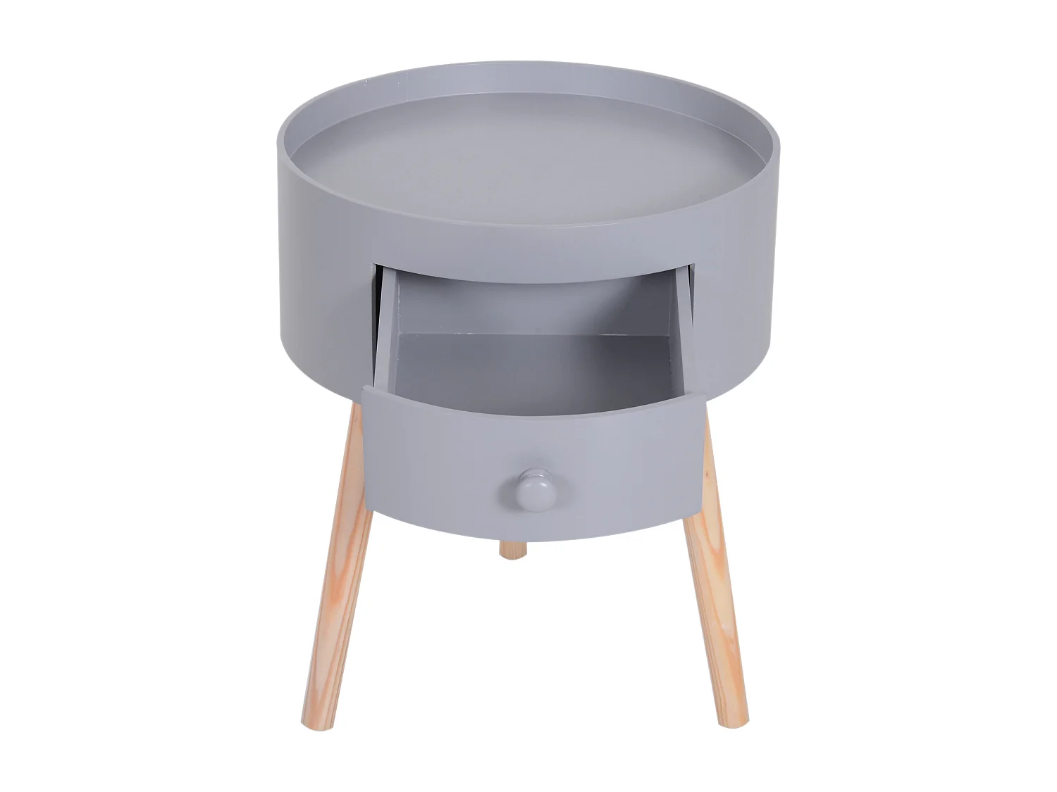 Chevet table de nuit ronde design scandinave tiroir bicolore pieds effilés inclinés bois massif chêne clair gris