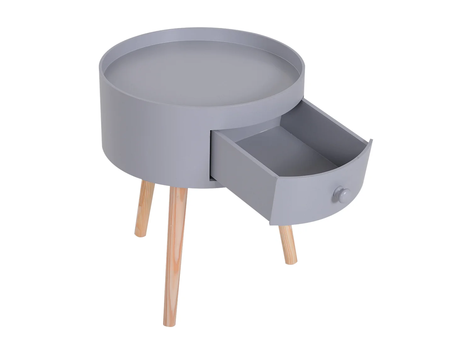 Chevet table de nuit ronde design scandinave tiroir bicolore pieds effilés inclinés bois massif chêne clair gris