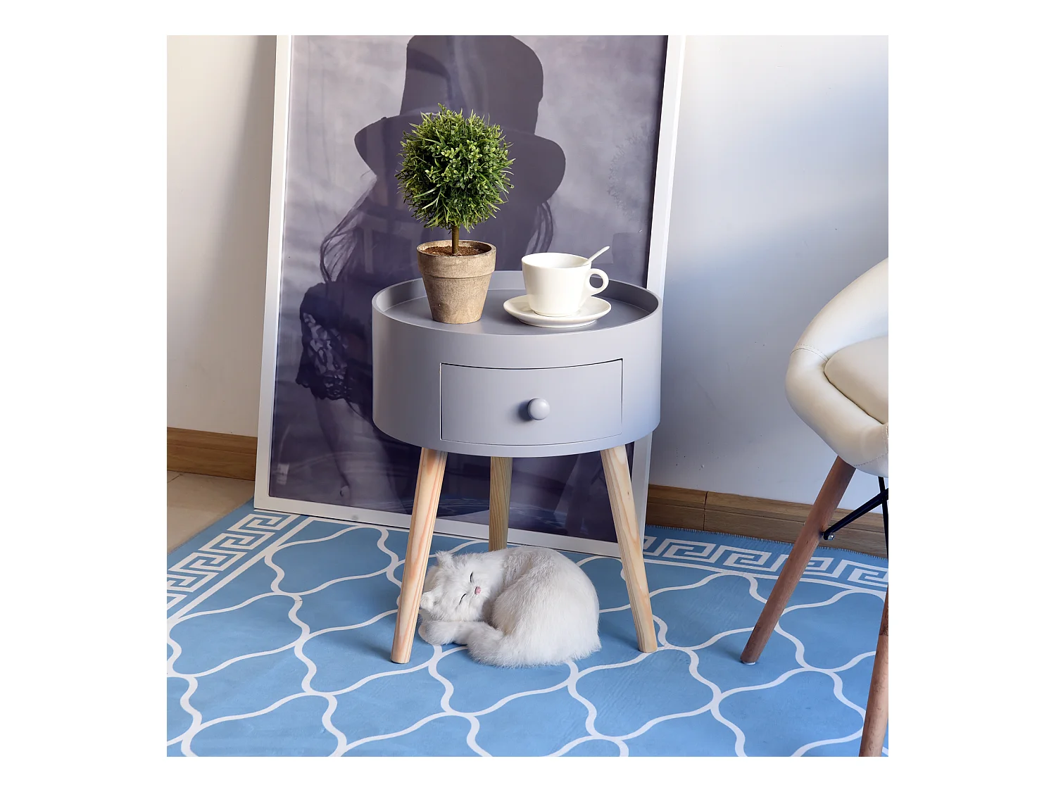 Chevet table de nuit ronde design scandinave tiroir bicolore pieds effilés inclinés bois massif chêne clair gris