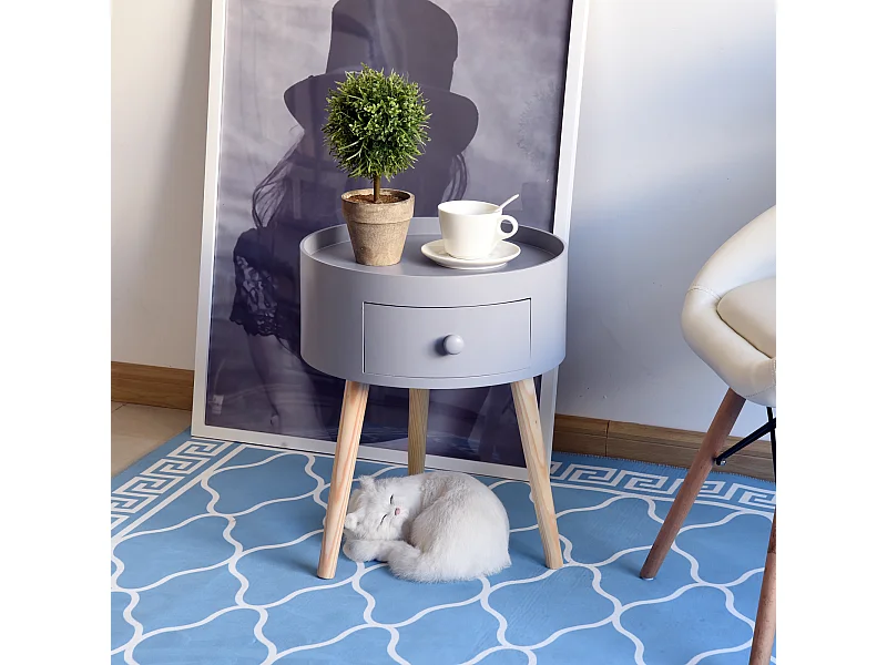 Chevet table de nuit ronde design scandinave tiroir bicolore pieds effilés inclinés bois massif chêne clair gris