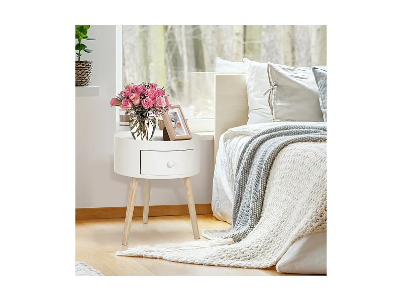 Chevet table de nuit ronde design scandinave tiroir bicolore pieds effilés inclinés bois massif chêne clair blanc