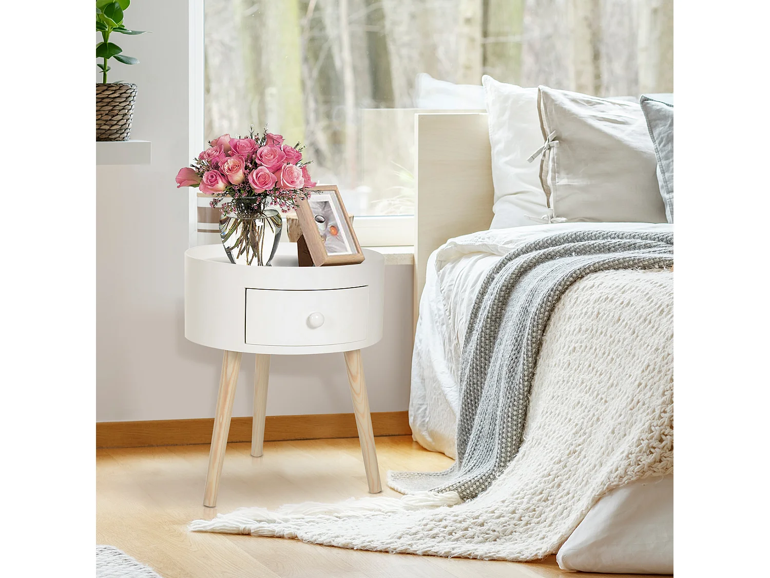 Chevet table de nuit ronde design scandinave tiroir bicolore pieds effilés inclinés bois massif chêne clair blanc