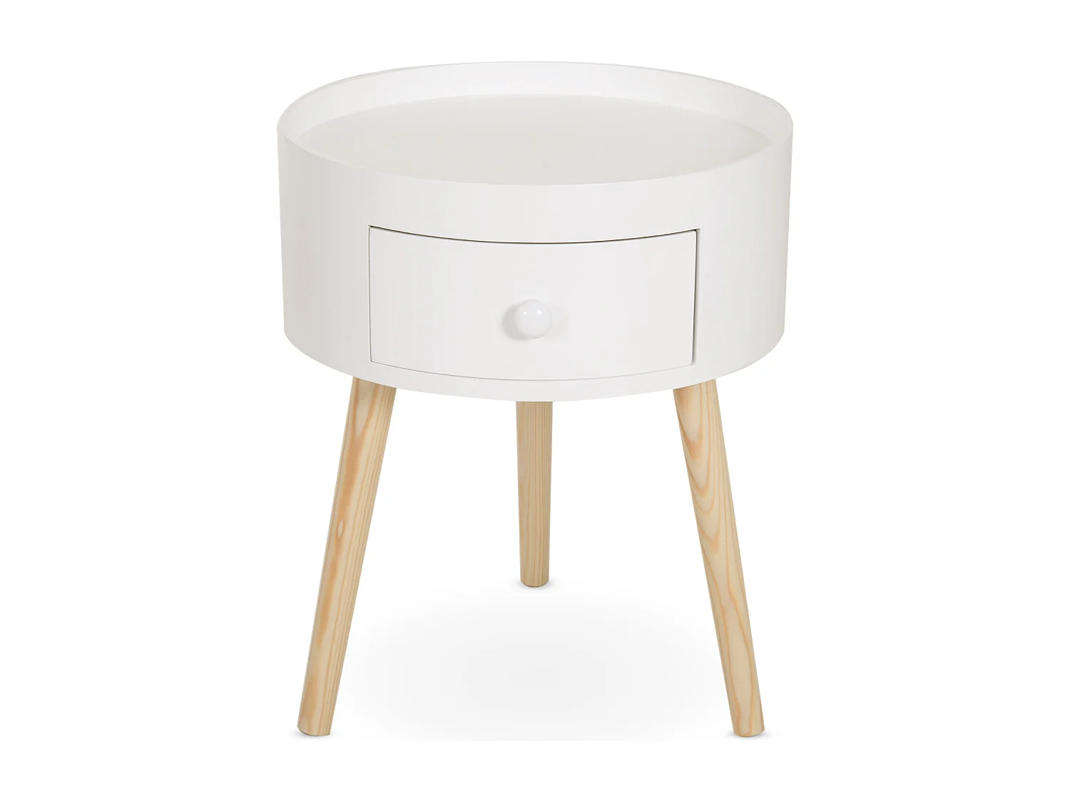Chevet table de nuit ronde design scandinave tiroir bicolore pieds effilés inclinés bois massif chêne clair blanc