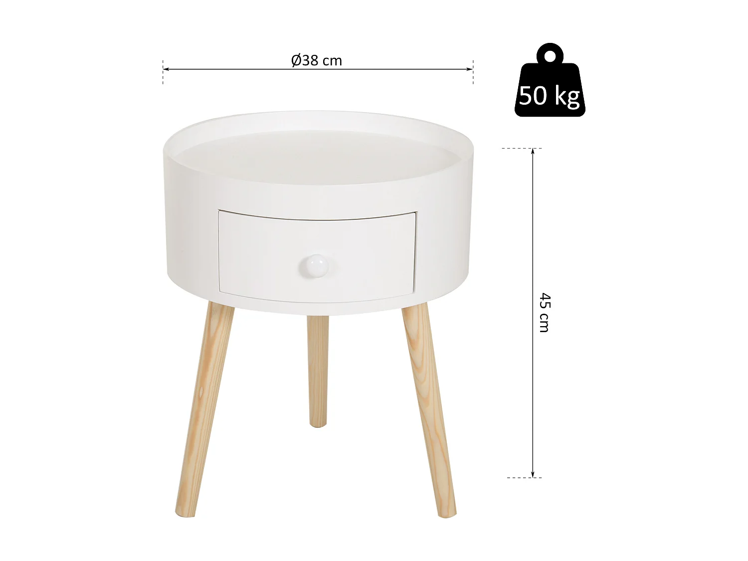 Chevet table de nuit ronde design scandinave tiroir bicolore pieds effilés inclinés bois massif chêne clair blanc