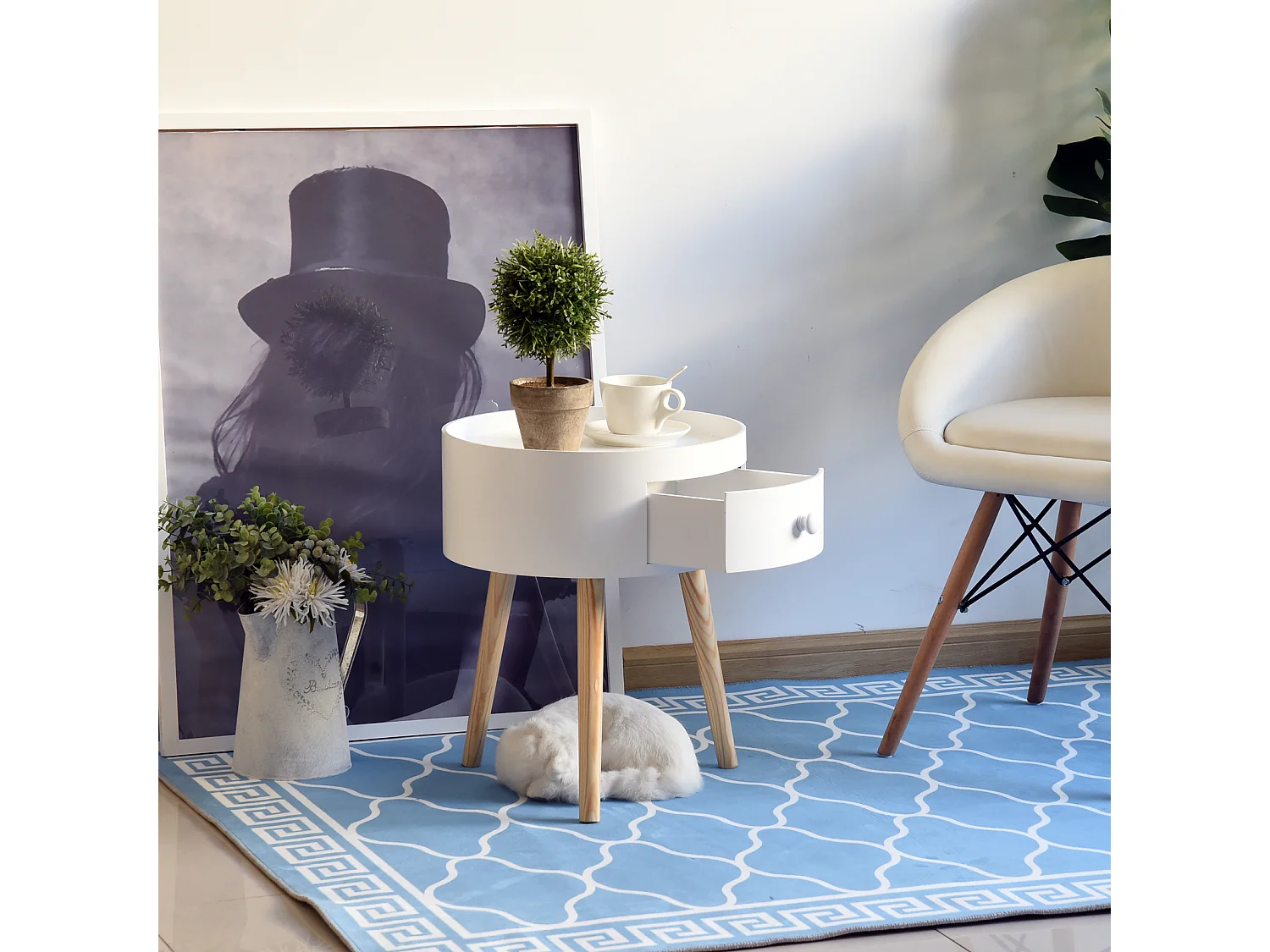 Chevet table de nuit ronde design scandinave tiroir bicolore pieds effilés inclinés bois massif chêne clair blanc