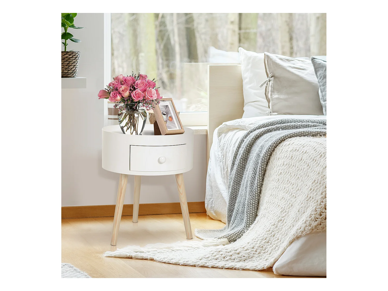 Chevet table de nuit ronde design scandinave tiroir bicolore pieds effilés inclinés bois massif chêne clair blanc