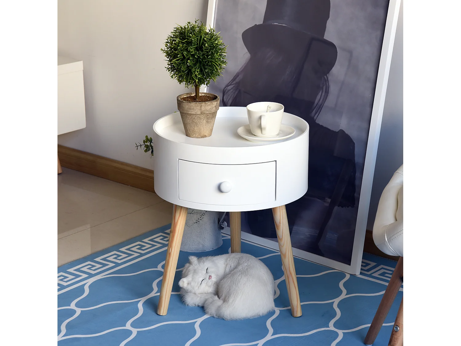 Chevet table de nuit ronde design scandinave tiroir bicolore pieds effilés inclinés bois massif chêne clair blanc