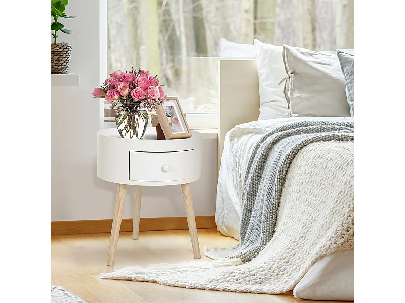Chevet table de nuit ronde design scandinave tiroir bicolore pieds effilés inclinés bois massif chêne clair blanc