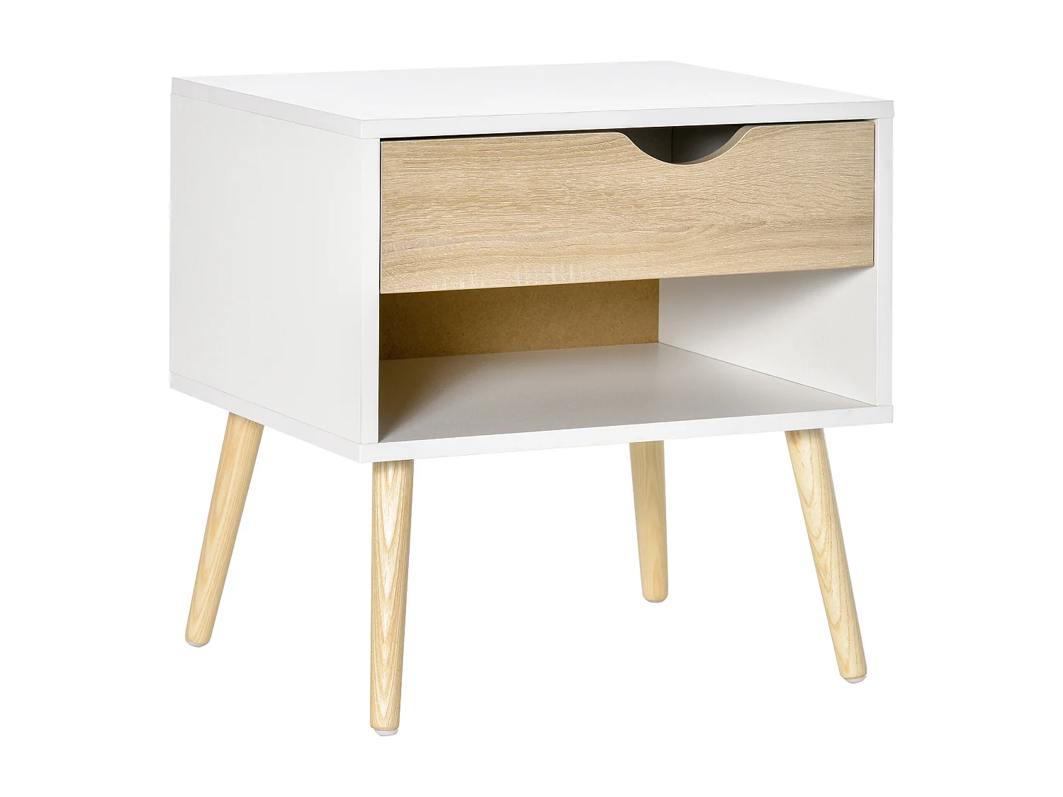 Chevet table de nuit tiroir niche design moderne panneau de particules classe E1 pieds en bois massif 50 x 39 x 51 cm bois de chêne blanc