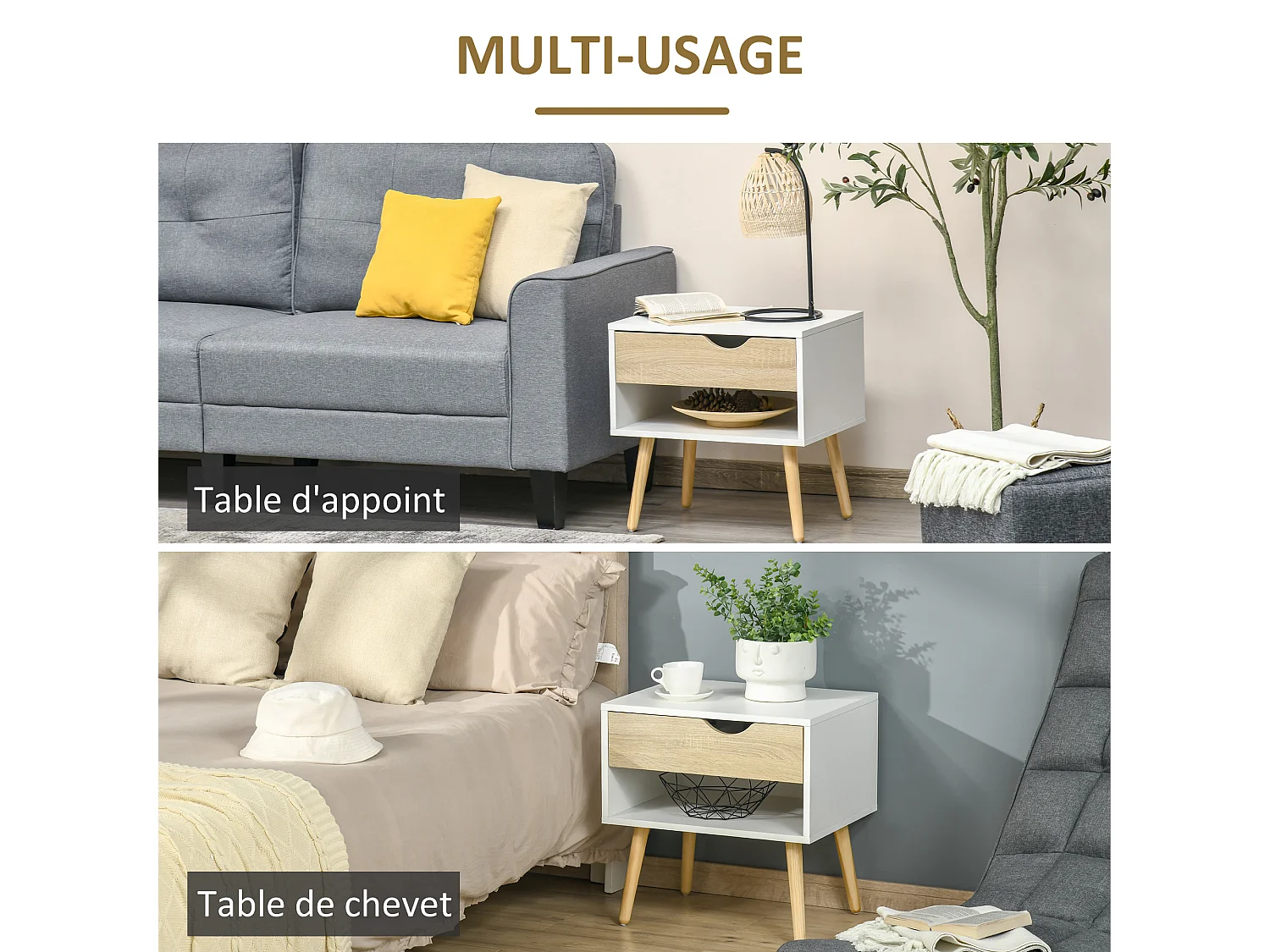 Chevet table de nuit tiroir niche design moderne panneau de particules classe E1 pieds en bois massif 50 x 39 x 51 cm bois de chêne blanc