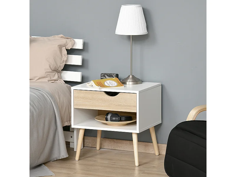 Chevet table de nuit tiroir niche design moderne panneau de particules classe E1 pieds en bois massif 50 x 39 x 51 cm bois de chêne blanc