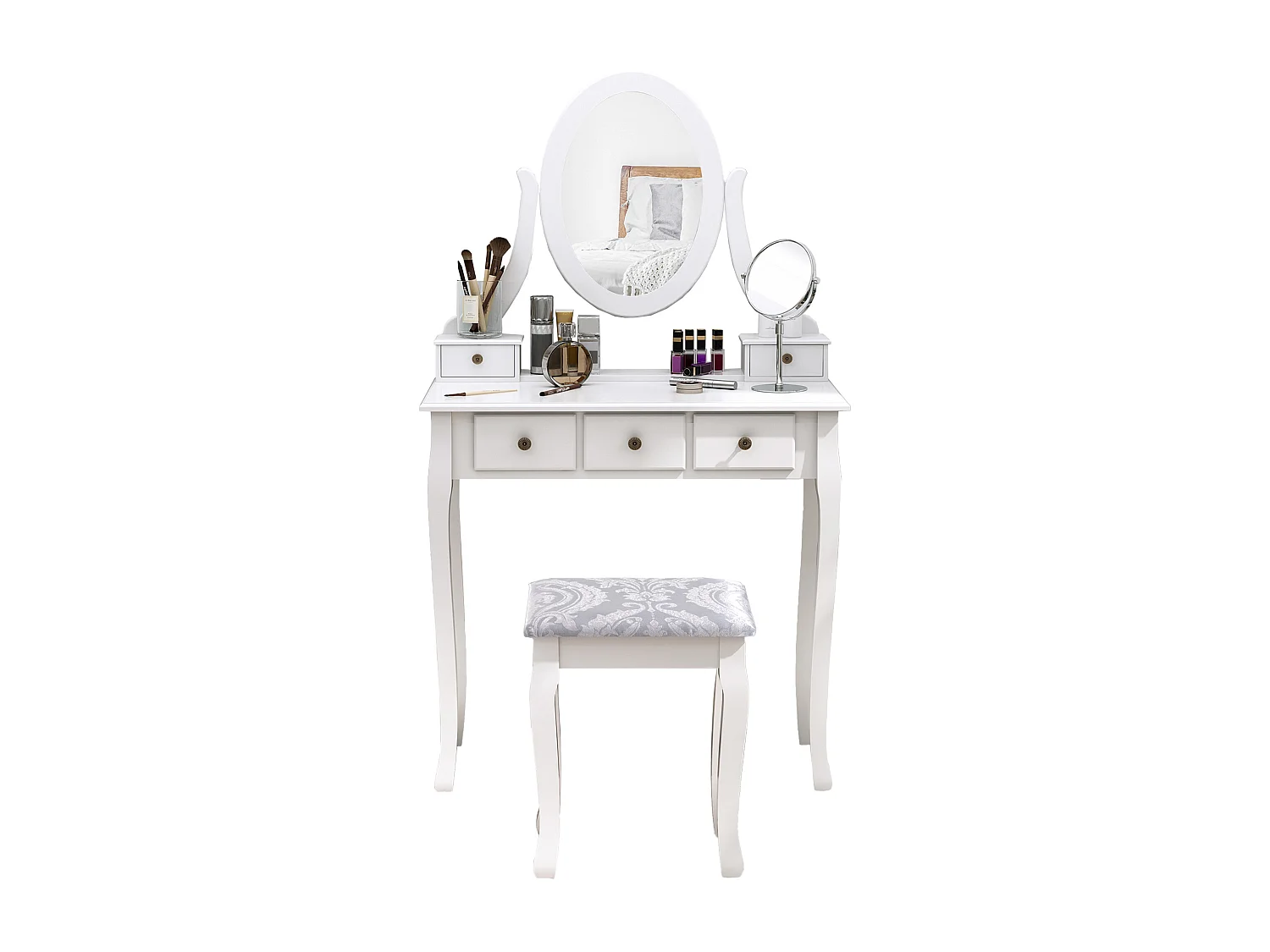 Coiffeuse et tabouret style baroque 5 tiroirs miroir ovale pivotant 360° MDF bois blanc
