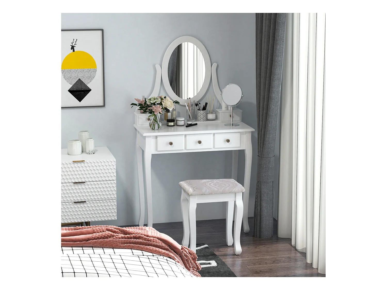 Coiffeuse et tabouret style baroque 5 tiroirs miroir ovale pivotant 360° MDF bois blanc